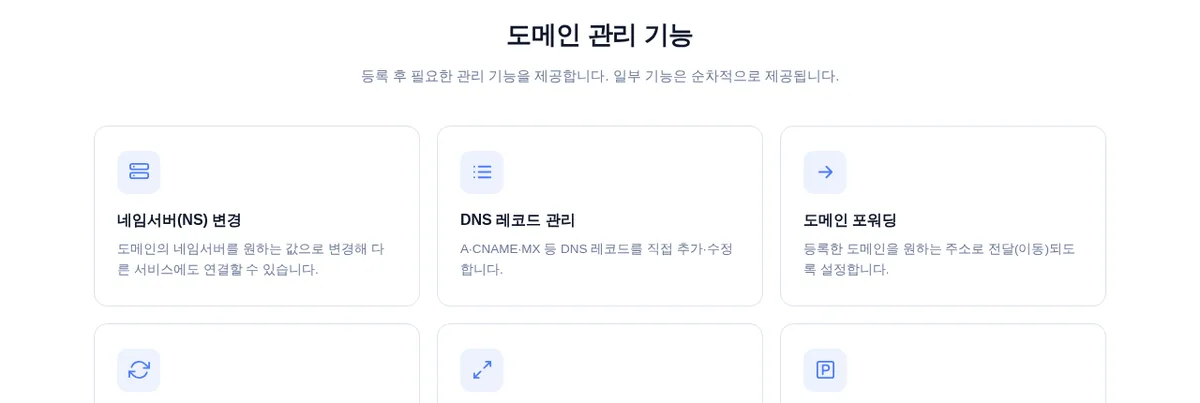 아이비전트 도메인 관리 화면의 네임서버(NS) 변경, DNS 레코드 관리, 도메인 포워딩 카드