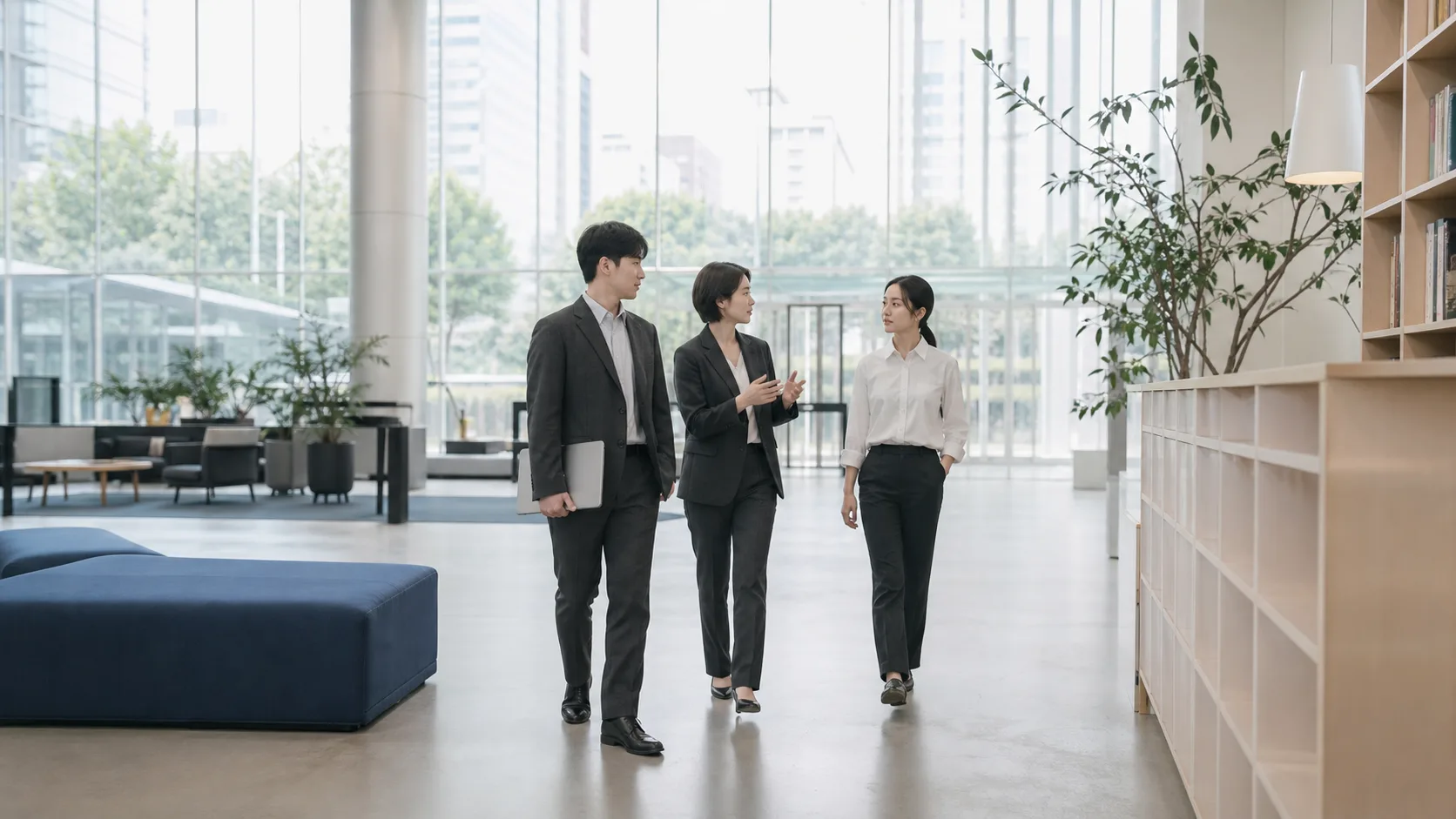 밝은 라운지에서 이야기하는 임직원