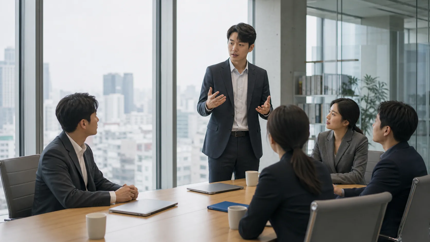 회의실에서 사업 계획을 발표하는 임직원